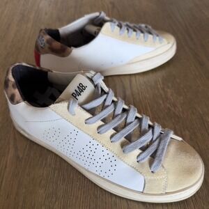 P448 White Leather John Italian Designer Sneakers-Cowhide-Gold Tongue-Sze US 7.5